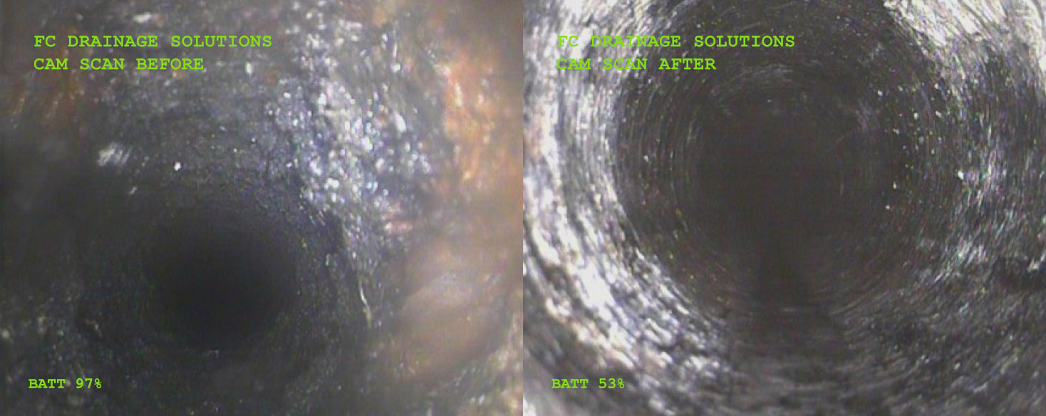 Before and after scale cleaning of drainage pipes